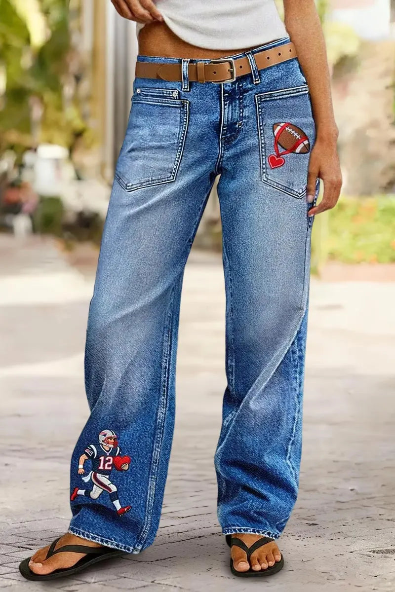 Wash Embroidery Mid Waist Straight Leg Jeans Without Belt