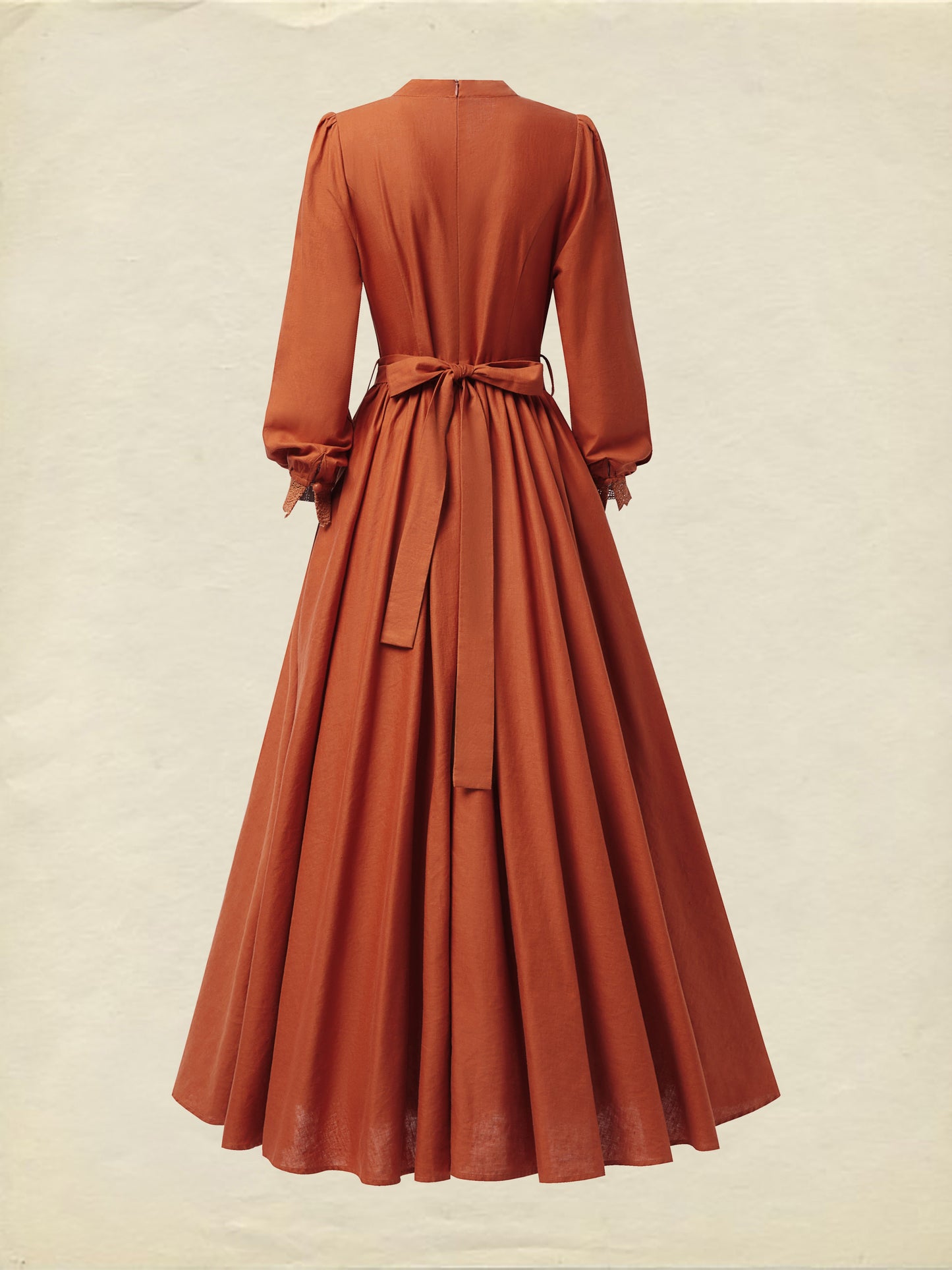 Robe longue en lin, manches longues, col montant, robe chemise, mélange de lin, orange