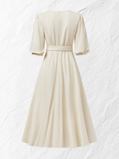 Robe longue en coton, manches ballon, col en V, unie, avec ceinture, vintage, kaki