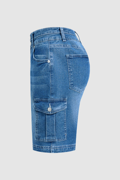 Wash Flap Pocket Dual Button Mid Rise Cargo Denim Bermuda Shorts