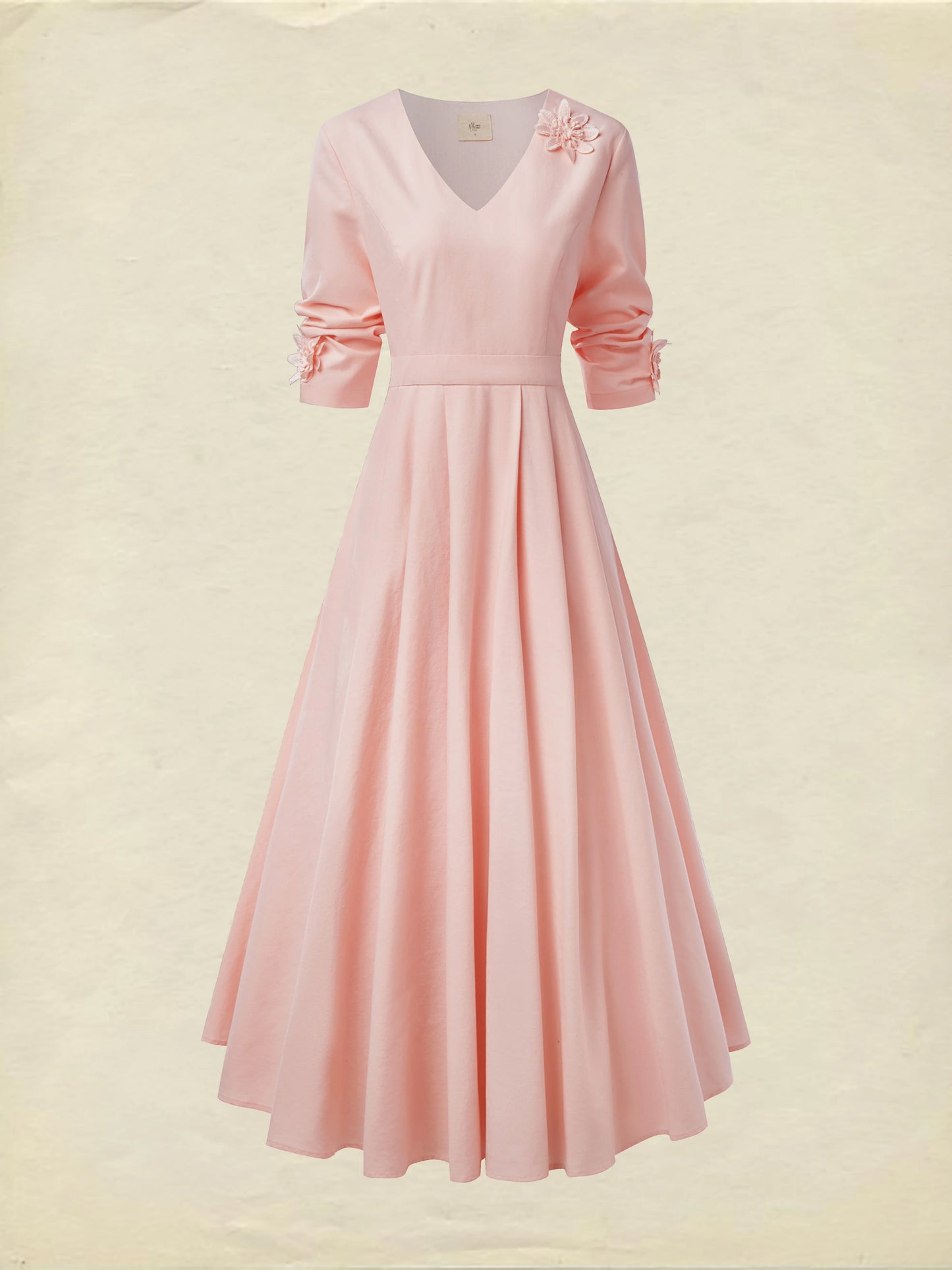 Robe midi en lin, manches trois-quarts, col en V, unie, vintage, rose