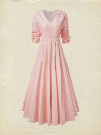 Robe midi en lin, manches trois-quarts, col en V, unie, vintage, rose