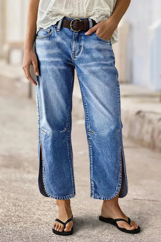 Wash Side Split Hem Detail Mid Waist Wide Leg Cropped Jeans Without Belt