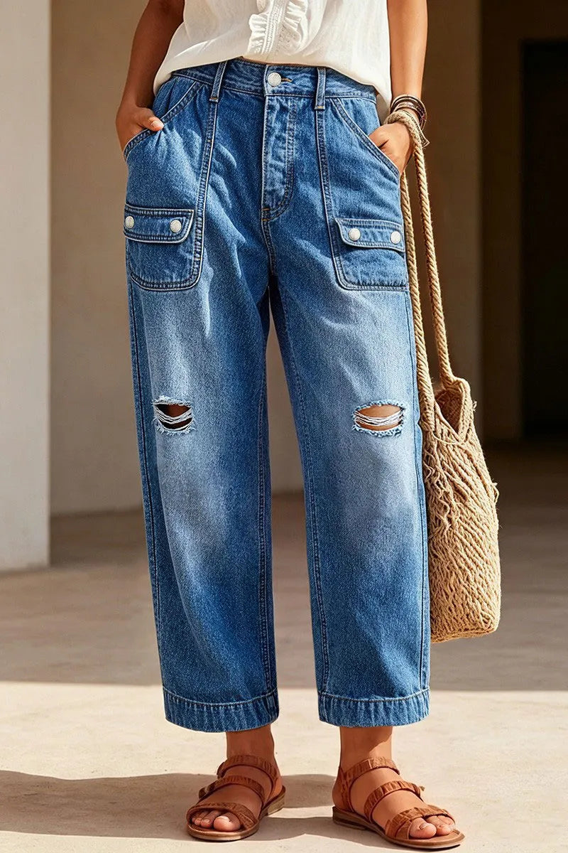 Ripped Flap Decor High Waist Straight Leg Cropped Jeans