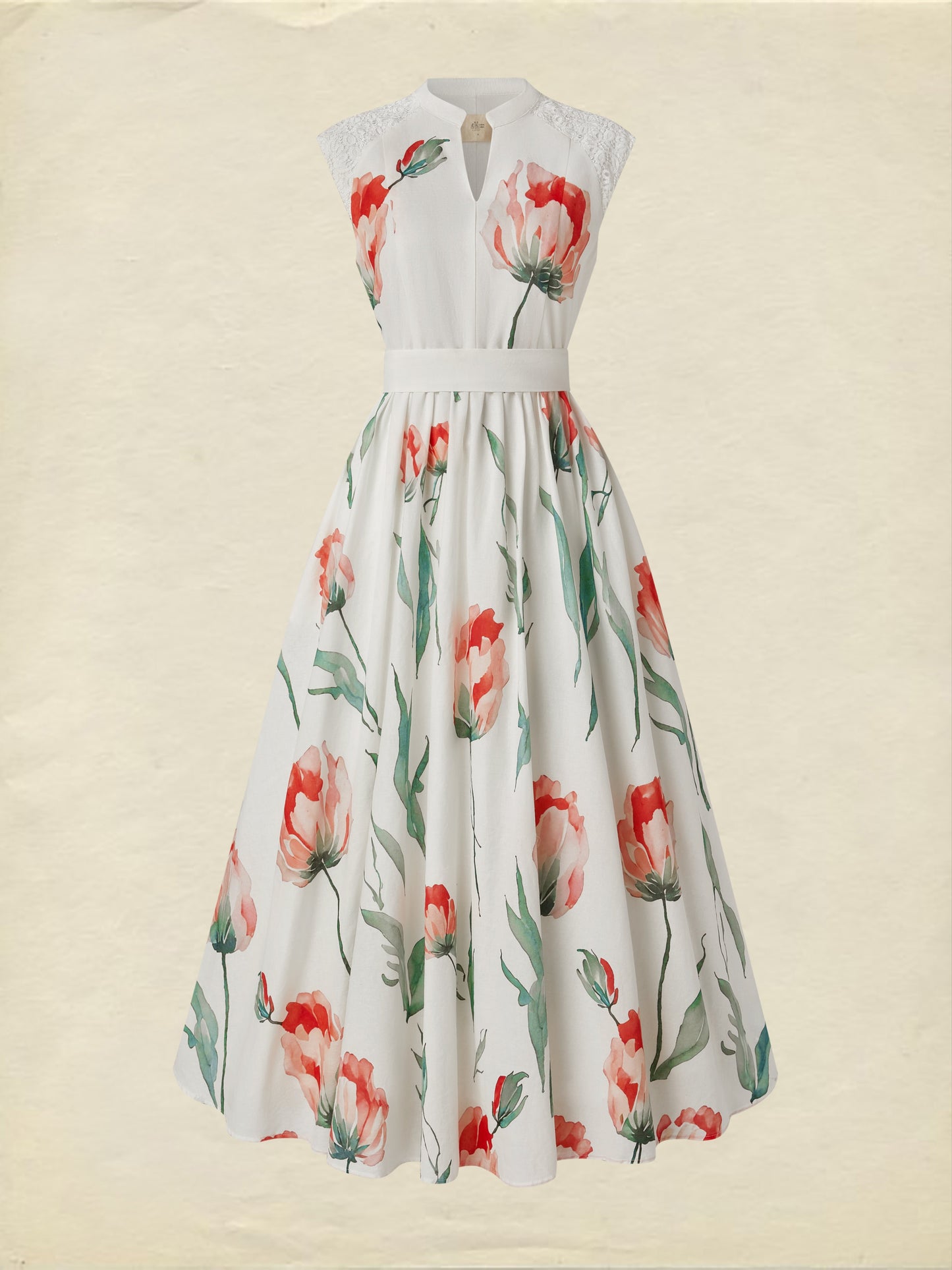 Robe longue en lin, sans manches, col en V, florale, en dentelle, vacances, vintage, corail