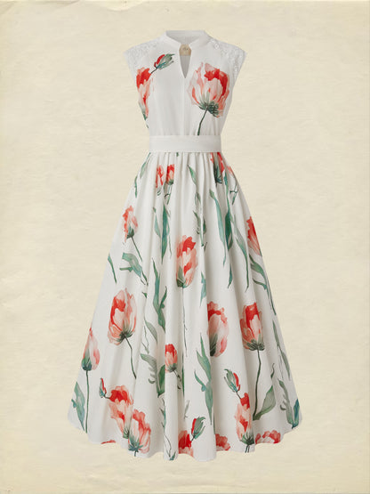 Robe longue en lin, sans manches, col en V, florale, en dentelle, vacances, vintage, corail