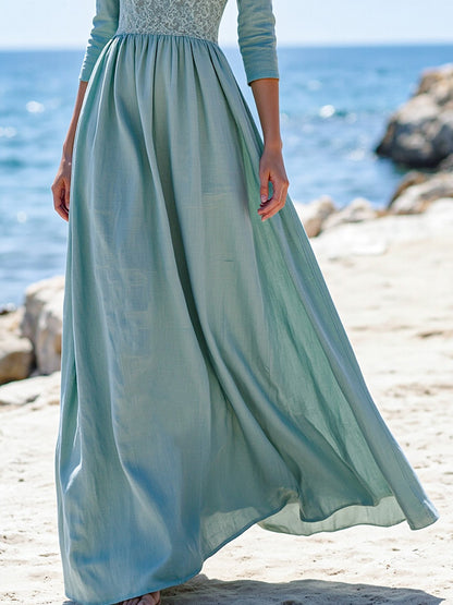 Robe longue en lin, Manches courtes, Col en V, Unie, Dentelle, Vintage, Cyan