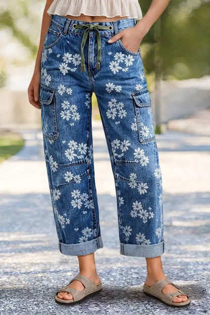 Floral Print Roll Hem Drawstring High Waist Barrel Leg Crop Jeans