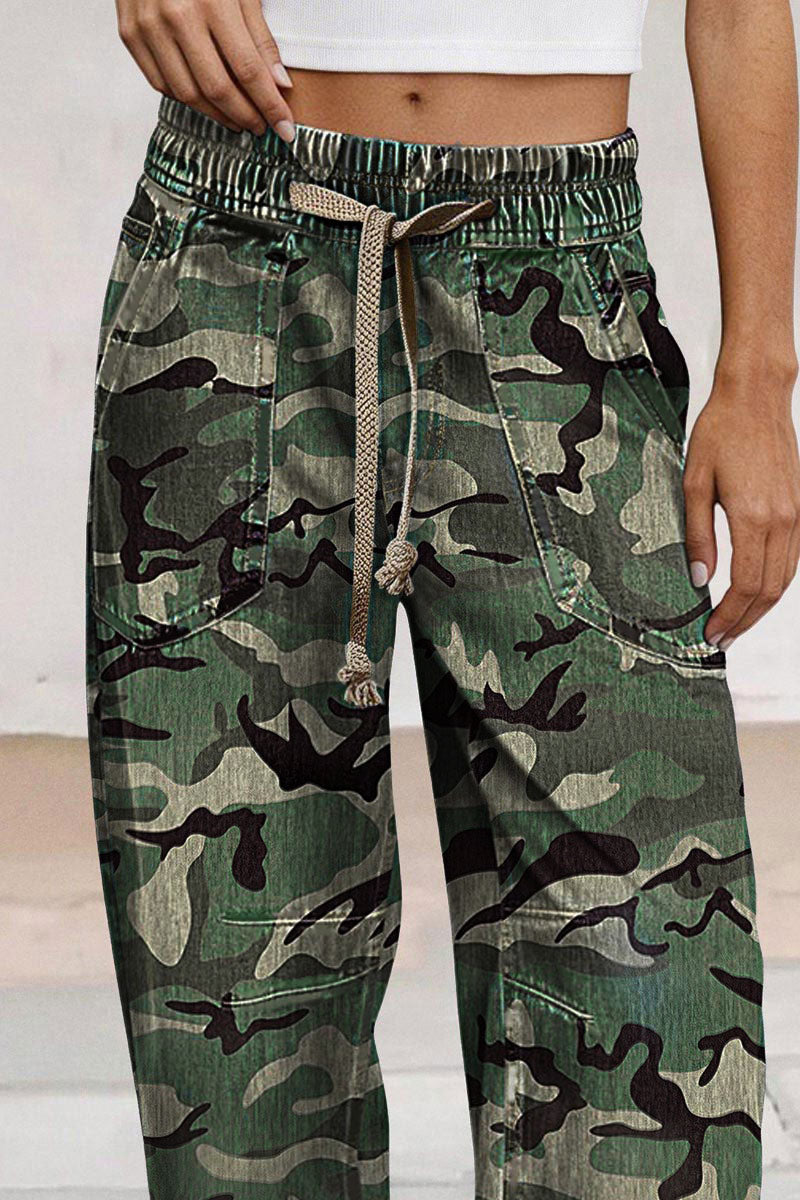 Camo Drawstring Mid Waist Barrel Leg Crop Pants