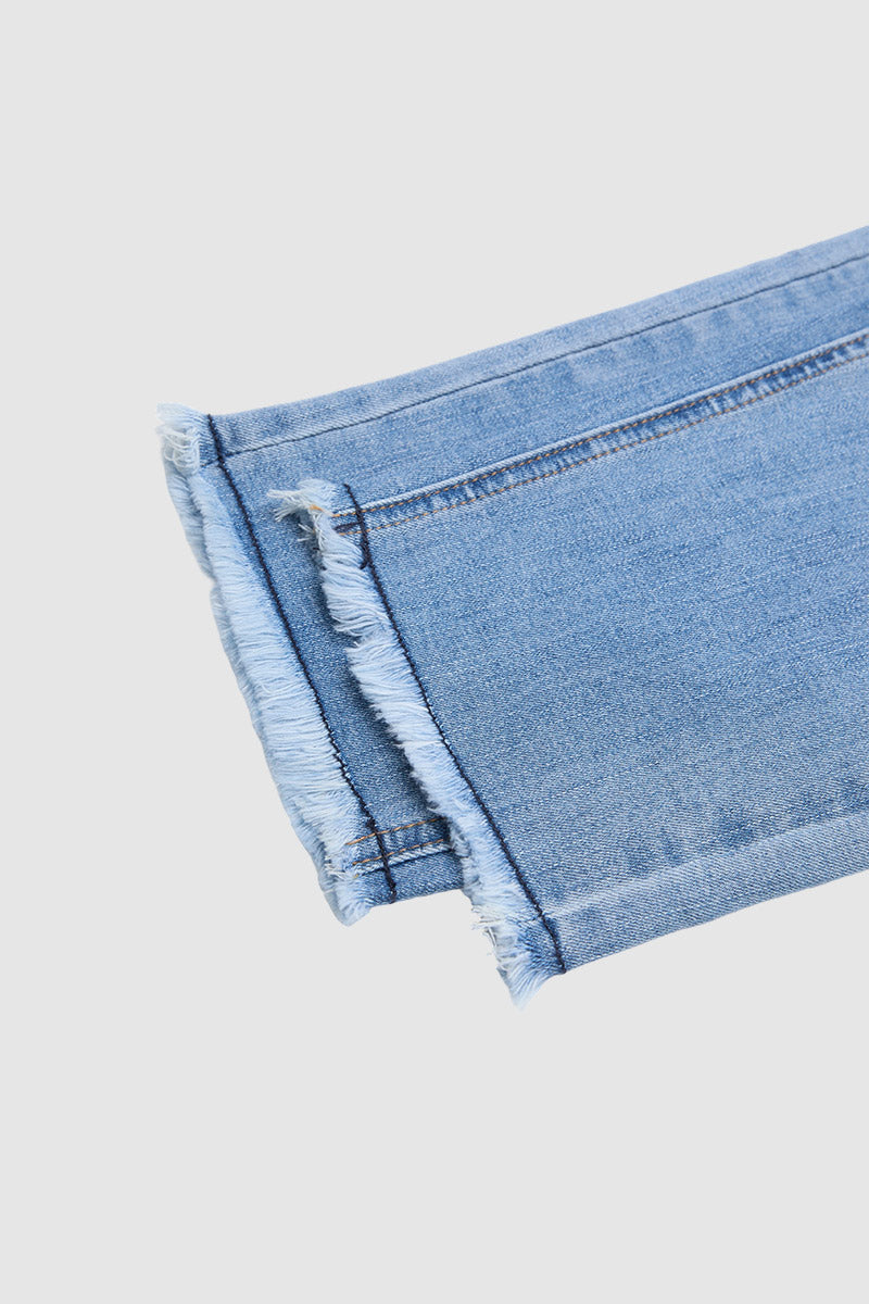 Wash Ripped Raw Hem Mid Rise Straight Leg Crop Jeans
