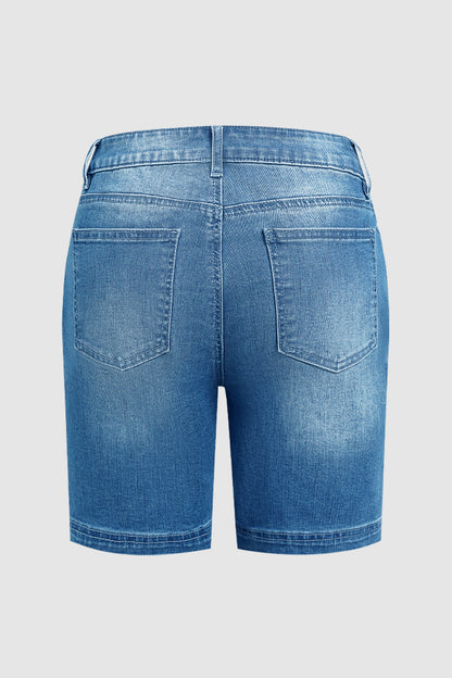 Wash Flap Pocket Mid Rise Mid Thigh Denim Shorts Without Belt