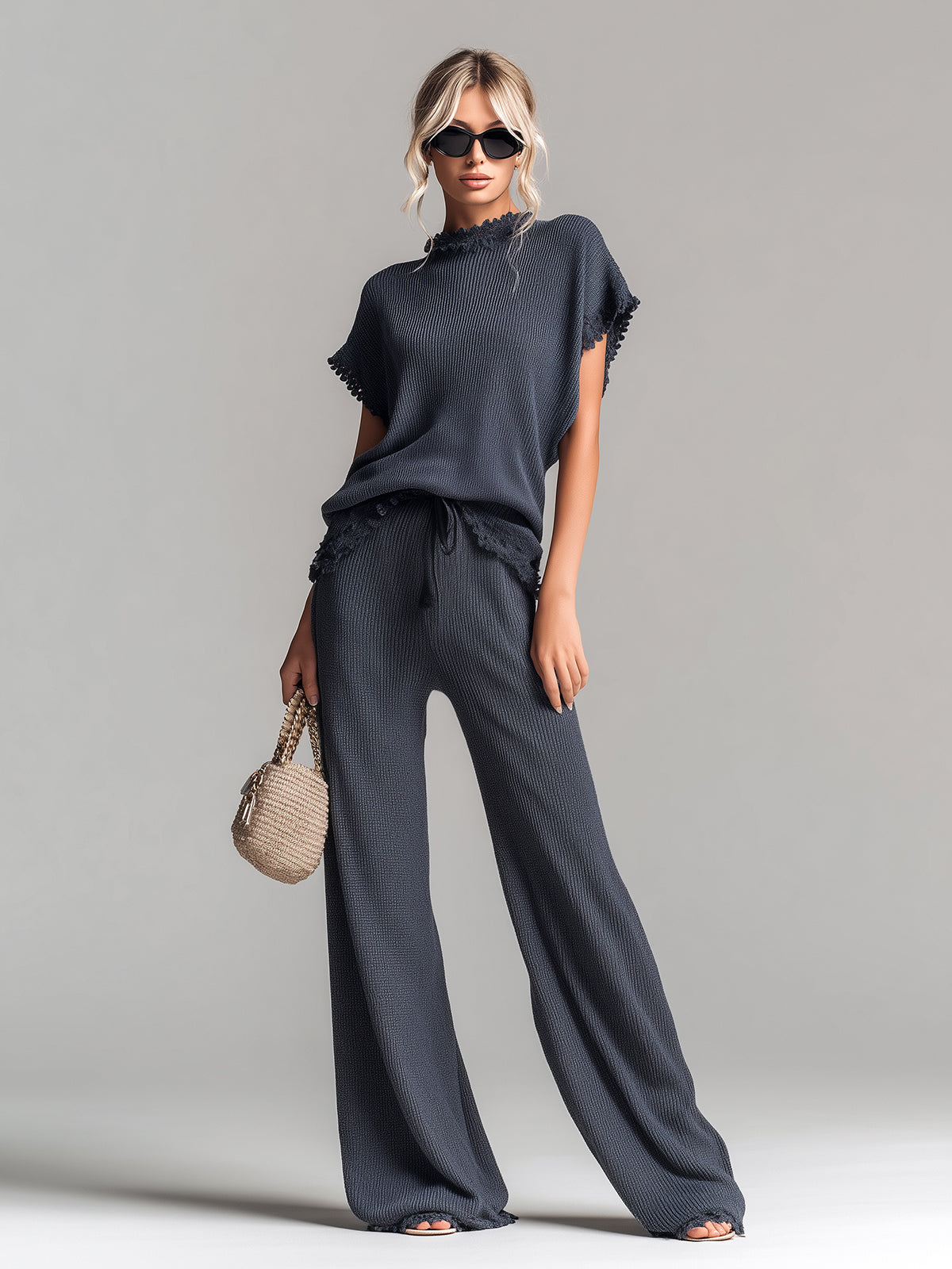 Chic Elegant Dark Gray Round Neck Short-Sleeve Loose-Fit Sweater Wide-Leg Pants Lace Details Ribbed Knit Two-Piece Set