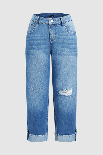 Wash Ripped Roll Hem Mid Rise Straight Leg Crop Jeans