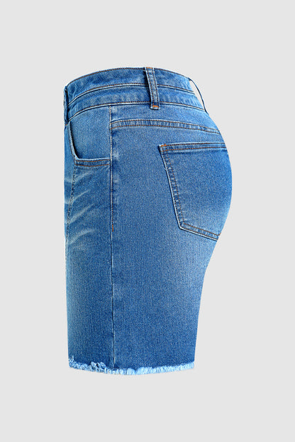 Wash Seam Front Raw Hem Dual Button High Rise Mid Thigh Denim Shorts