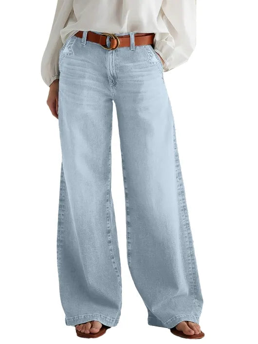 Wash Stitch Decor Wide Leg Mid Rise Jeans Without Belt