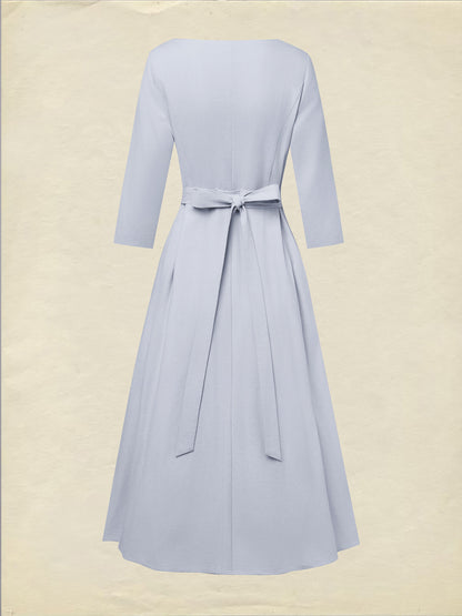 Robe en lin midi, demi-manches, col châle, unie, boutonnée, vintage français, lavande