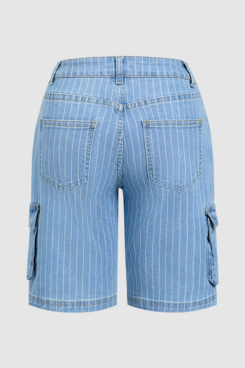 Pinstriped Flap Pocket High  Waist Denim Bermuda Shorts