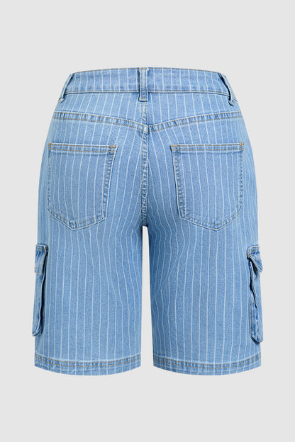 Pinstriped Flap Pocket High  Waist Denim Bermuda Shorts