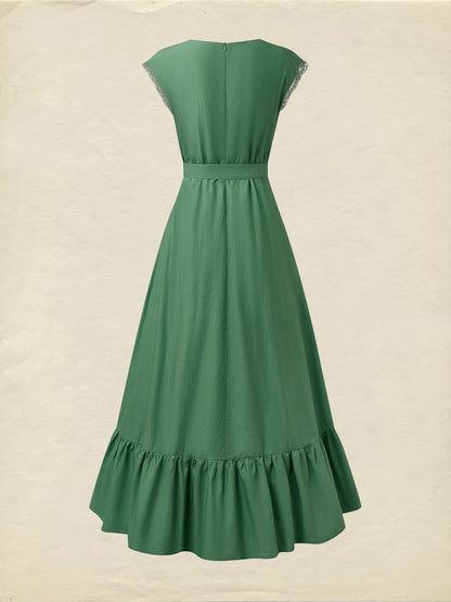 Robe longue pur coton, manches courtes, col en dentelle, unie, vintage, verte