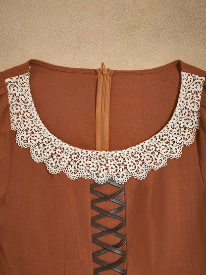 Robe longue en coton, manches longues, encolure carrée, coupe princesse, mélange de lin, orange