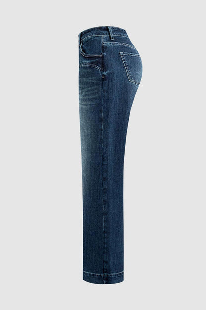 Wash Stitch Detail Mid Rise Straight Leg Jeans Without Belt