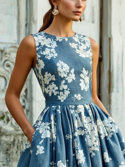 (TAILLES:TP-XXL) Robe Midi en Lin, Sans Manches, Mélange de Lin, Imprimé Floral, Renaissance