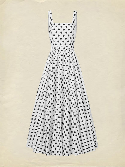 Robe longue en coton, sans manches, col carré, à pois, bretelles, vintage, blanche