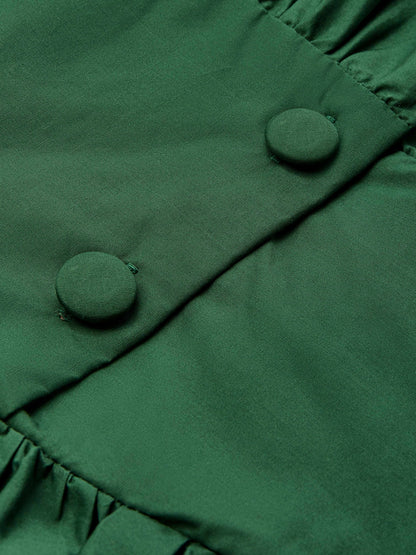 Robe longue en coton, manches ballon, col en V, unie, vintage, vert foncé