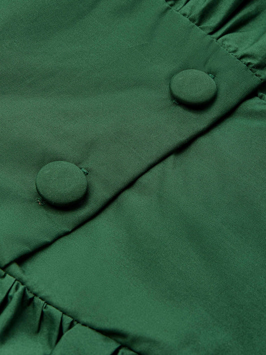 Robe longue en coton, manches ballon, col en V, unie, vintage, vert foncé