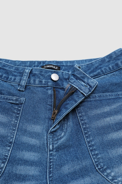 Wash Patched Pocket Mid Waist Straight Leg Crop Jeans Without Belt