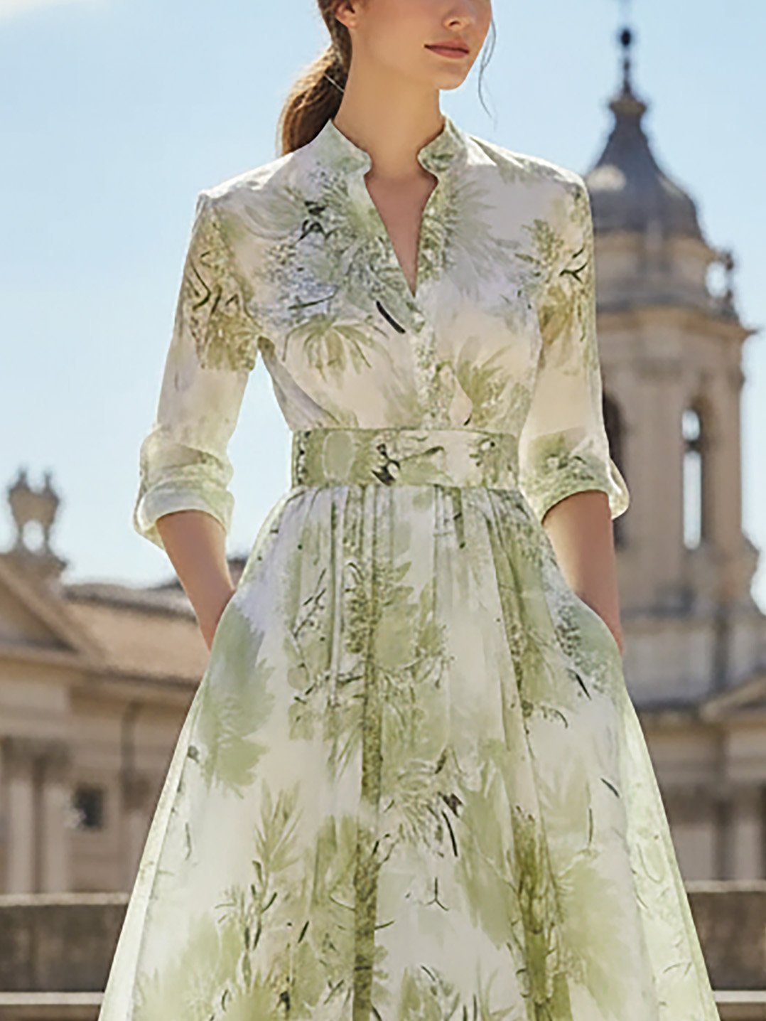Robe longue en lin, Manches courtes, Col montant, Imprimé floral, Vacances, Vintage, Vert clair