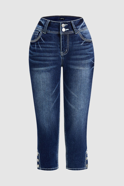 Wash Button Side Mid Waist Skinny Crop Jeans