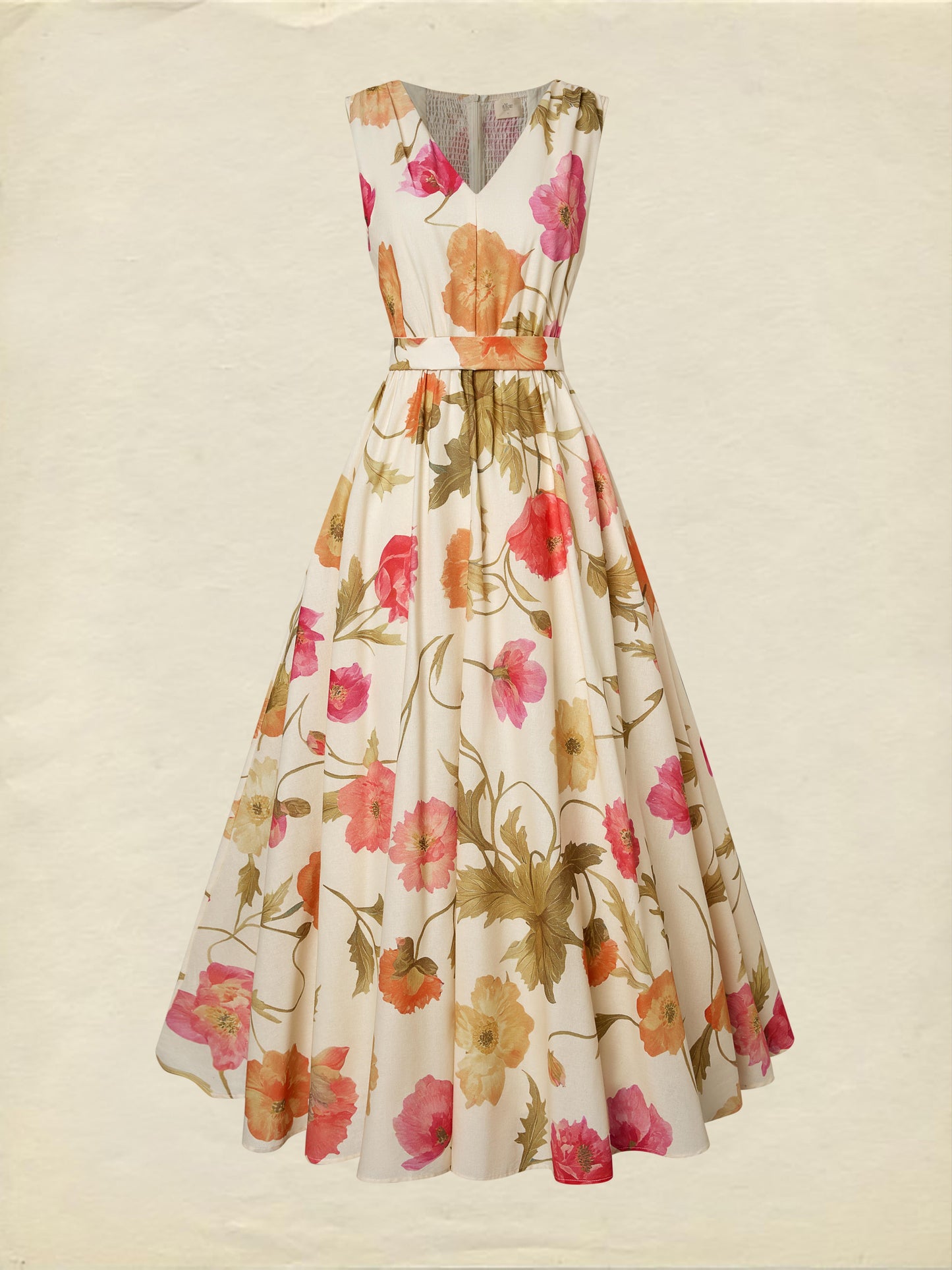 Robe longue en coton, sans manches, col en V, motif floral, ceinture, vacances, vintage, couleur abricot