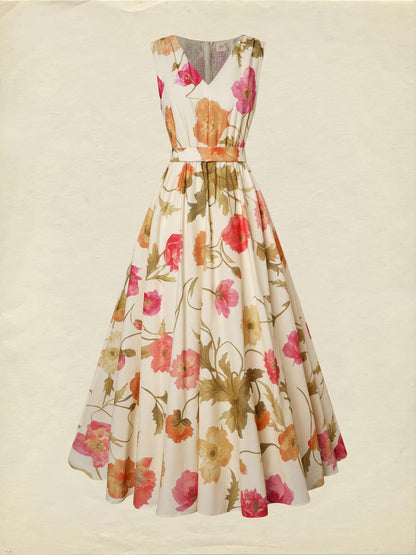 Robe longue en coton, sans manches, col en V, motif floral, ceinture, vacances, vintage, couleur abricot