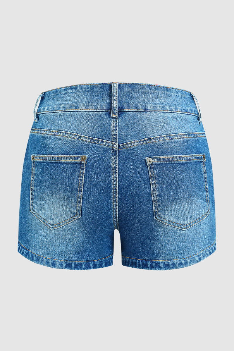 Wash Split Dual Button Mid Waist Denim Shorts