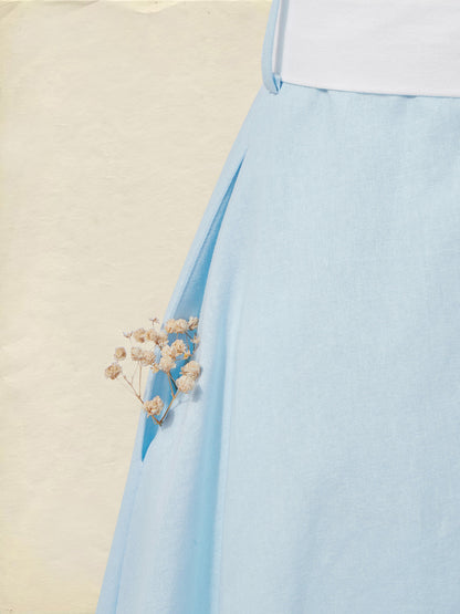 Robe midi en lin, manches longues, col en V, unie, avec ceinture, style vintage français, bleu ciel