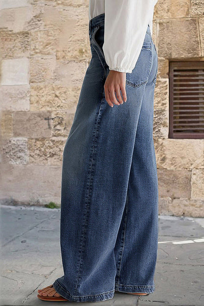 Wash Stitch Decor Wide Leg Mid Rise Jeans Without Belt