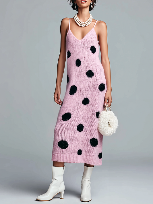 Stylish Elegant Pink Polka Dot V-Neck Strappy Loose Ribbed Knit Midi Dress