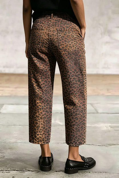 Leopard Print Seam Detail Mid Rise Straight Leg Crop Pants