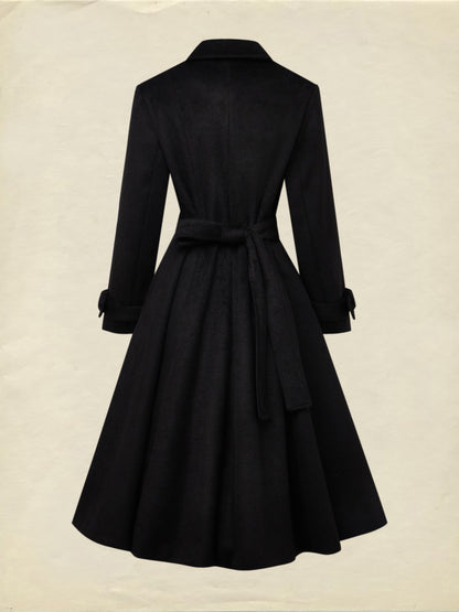 Trench-coat en laine, manches longues, col à revers, uni, boutonné, vintage, noir
