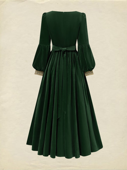 Robe longue en coton, manches longues, col carré, unie, dentelle, vintage, verte