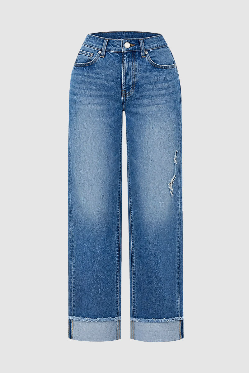 Wash Ripped Roll Hem Mid Waist Straight Leg Jeans