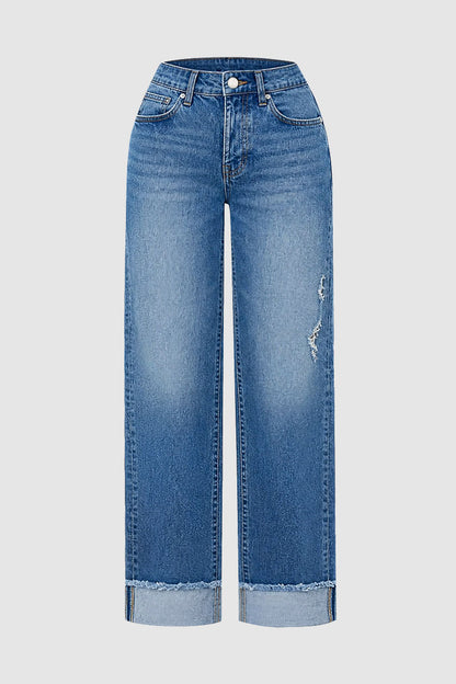 Wash Ripped Roll Hem Mid Waist Straight Leg Jeans