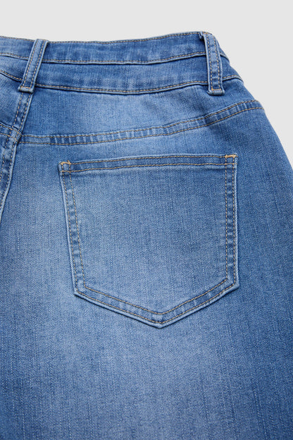 Wash Dual Button Mid Waist Straight Leg Denim Bermuda Shorts