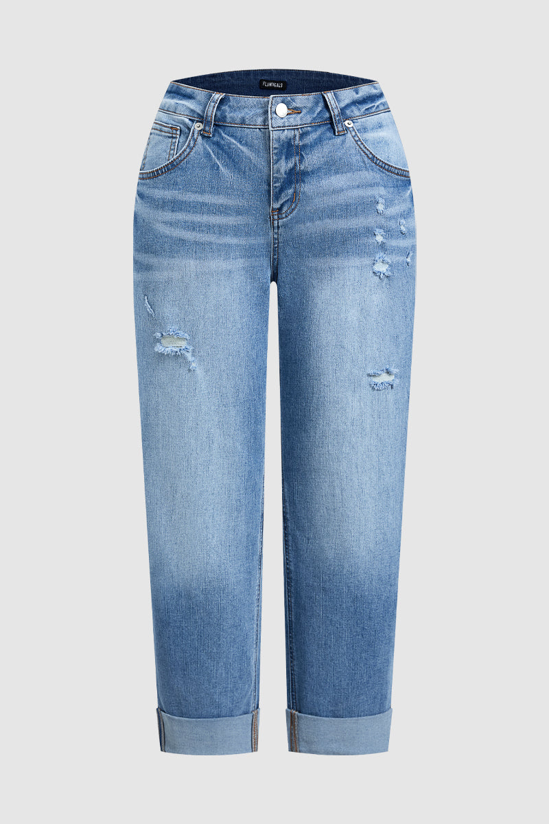 Wash Ripped Roll Hem Mid Rise Straight Leg Crop Jeans