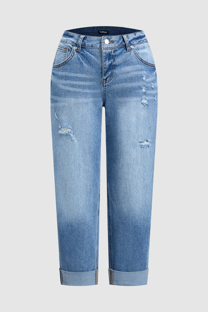 Wash Ripped Roll Hem Mid Rise Straight Leg Crop Jeans