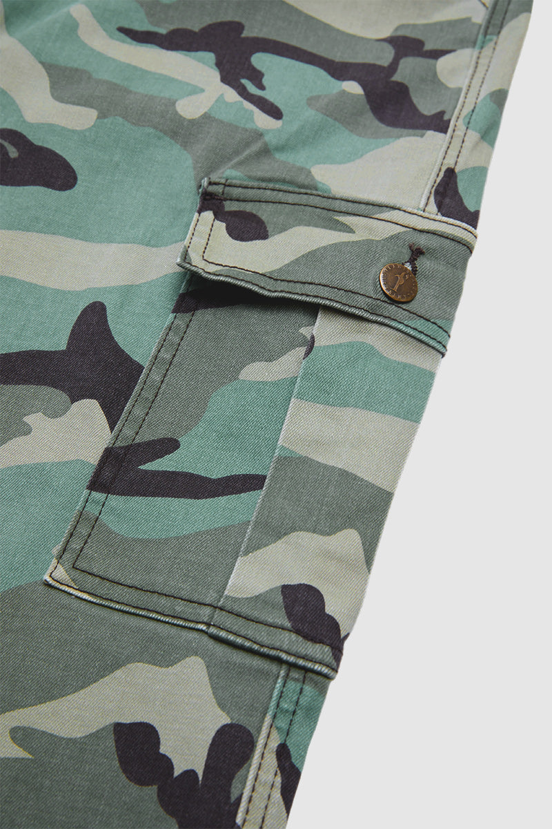 Camo Print Flap Pocket Mid Waist Straight Leg Cargo Pants