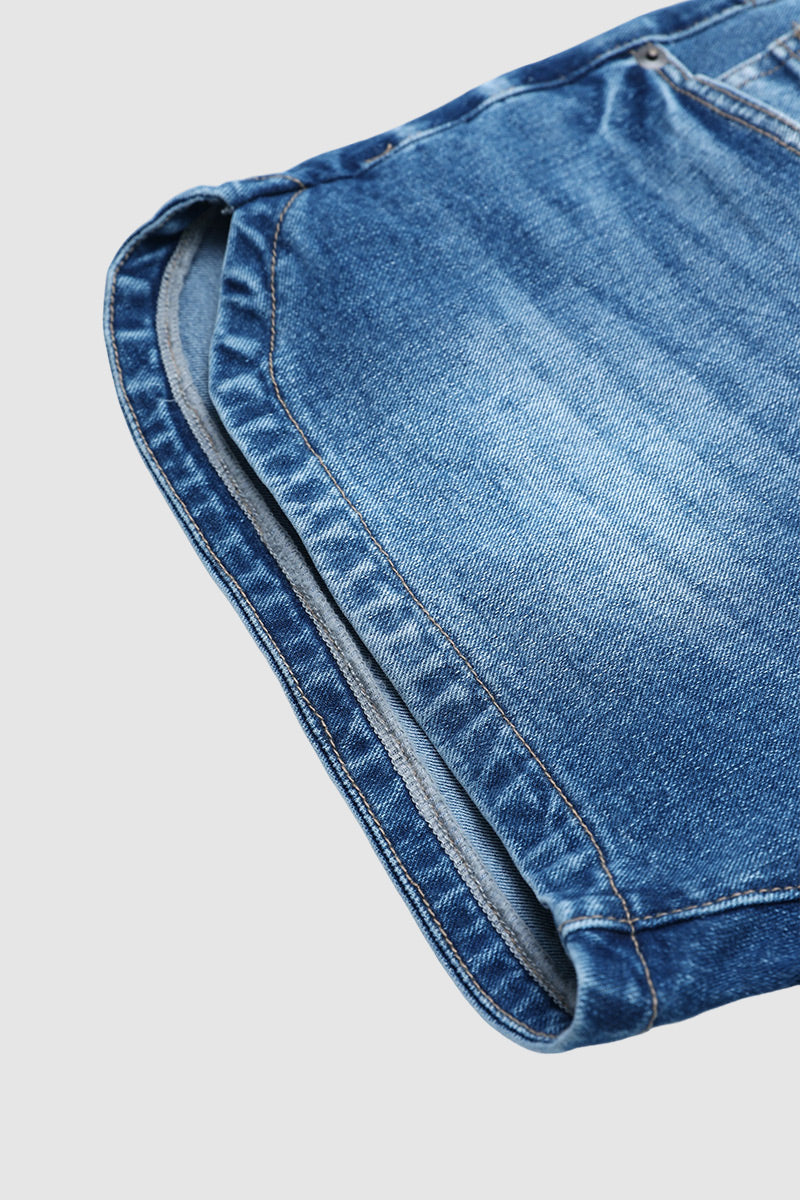 Wash Split Dual Button Mid Waist Denim Shorts