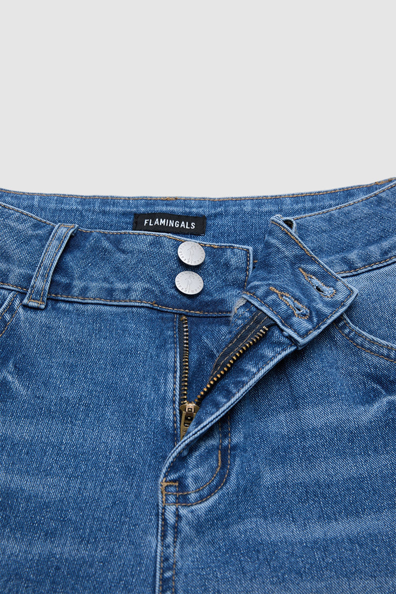 Raw Hem Stitch Detail Mid Waist Straight Leg Crop Jeans