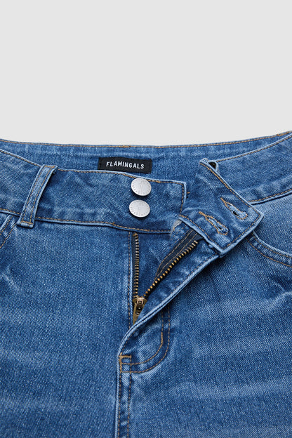 Raw Hem Stitch Detail Mid Waist Straight Leg Crop Jeans
